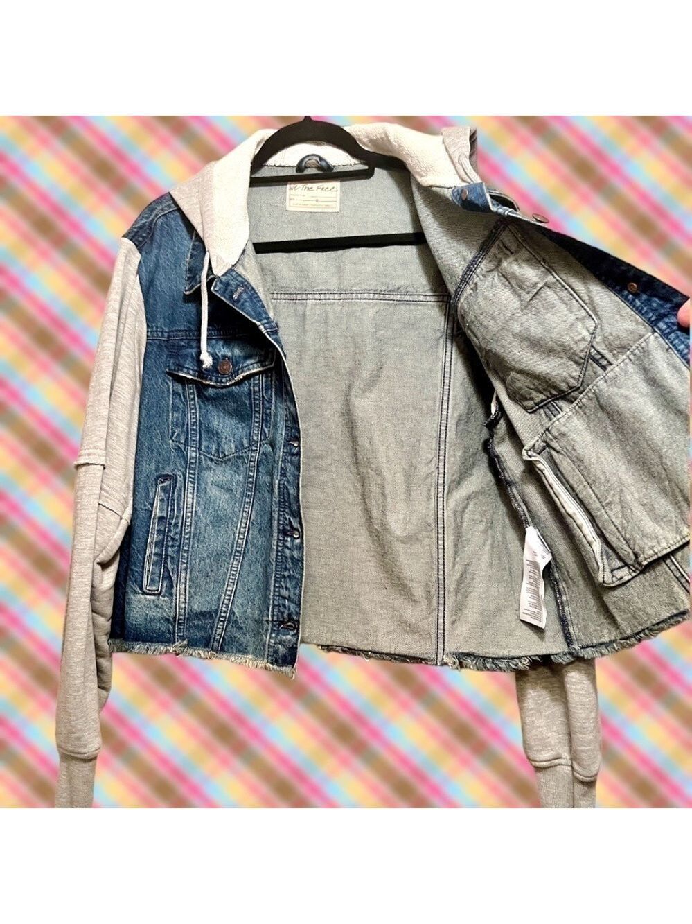 FREE PEOPLE Throwback Denim/Knit Hoodie Style Raw Hem Relaxed Crop Jacket-Md NWT - Picture 13 of 16